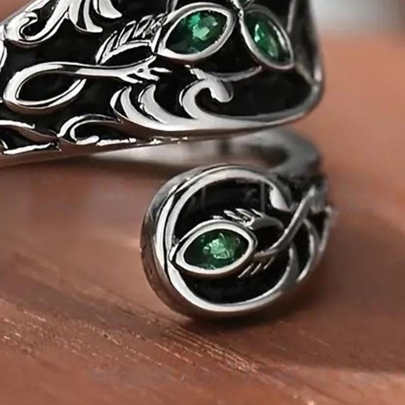 Retro Wzory Łyżeczek Regulowany Pierścionek z Liściem Zielony Kamień Biżuteria Inspirowana Naturą Regulowany Vintage Prezent Biżuteria Dla Niej