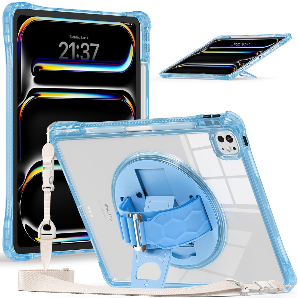 For iPad Pro 13 (2024) Kickstand Case Hand Strap PC+TPU+Acrylic Cover with Shoulder Strap