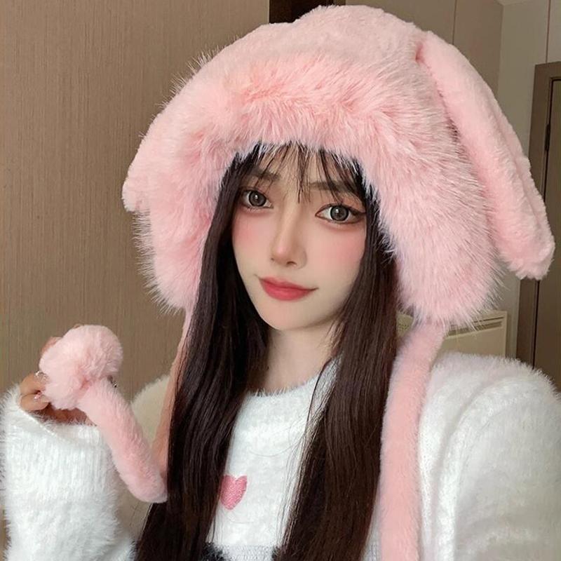 Cute Rabbit Ear Plush Warm Hat for Women Soft Faux Fur Ear Protection Beanies Cap Korean Girl Solid Color Windproof Snow Caps