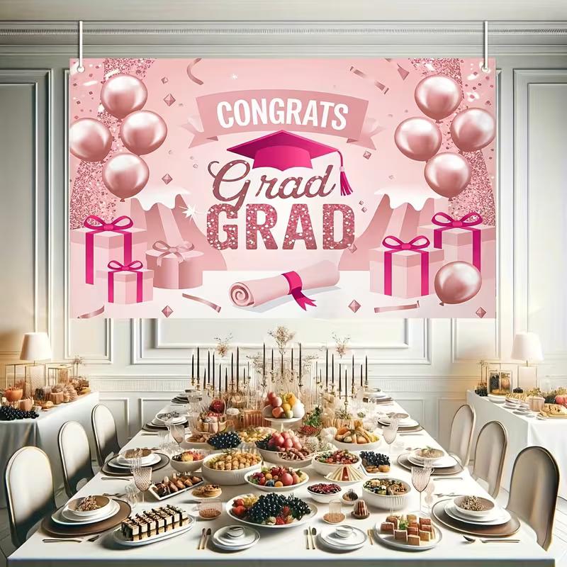 2D Pink Congrats Grad Graduation Party Backdrop 2D Glitter Pink Graduation Photo Booth Background