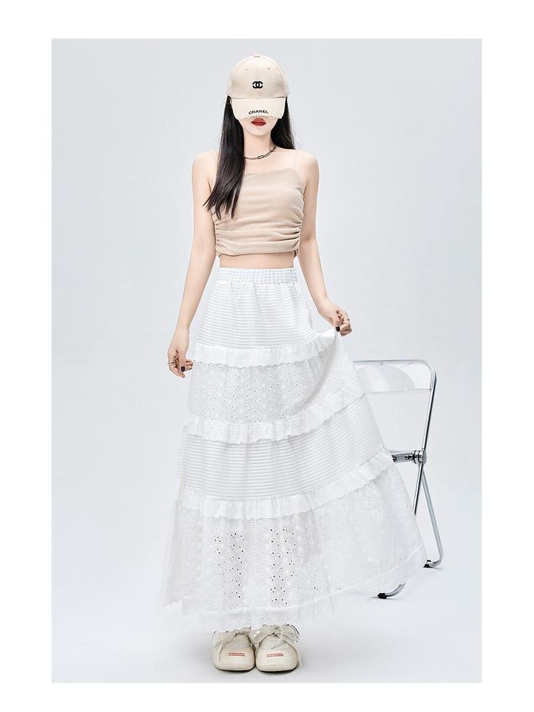 2024 Frühling Damen High-Waist Weiß A-Linien Kuchenrock mit floralem Spitzendesign