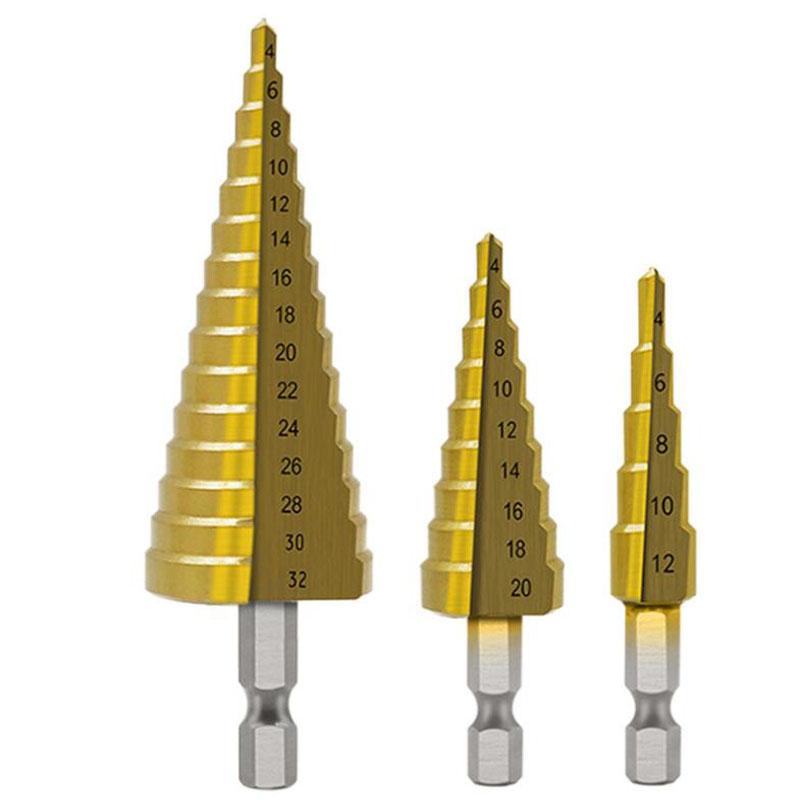4-32mm/4-12mm/4-20mm Hss Step Drill Bit, Straight Groove Drill Titanium Coated Metal Driller, Drilling Tools Set