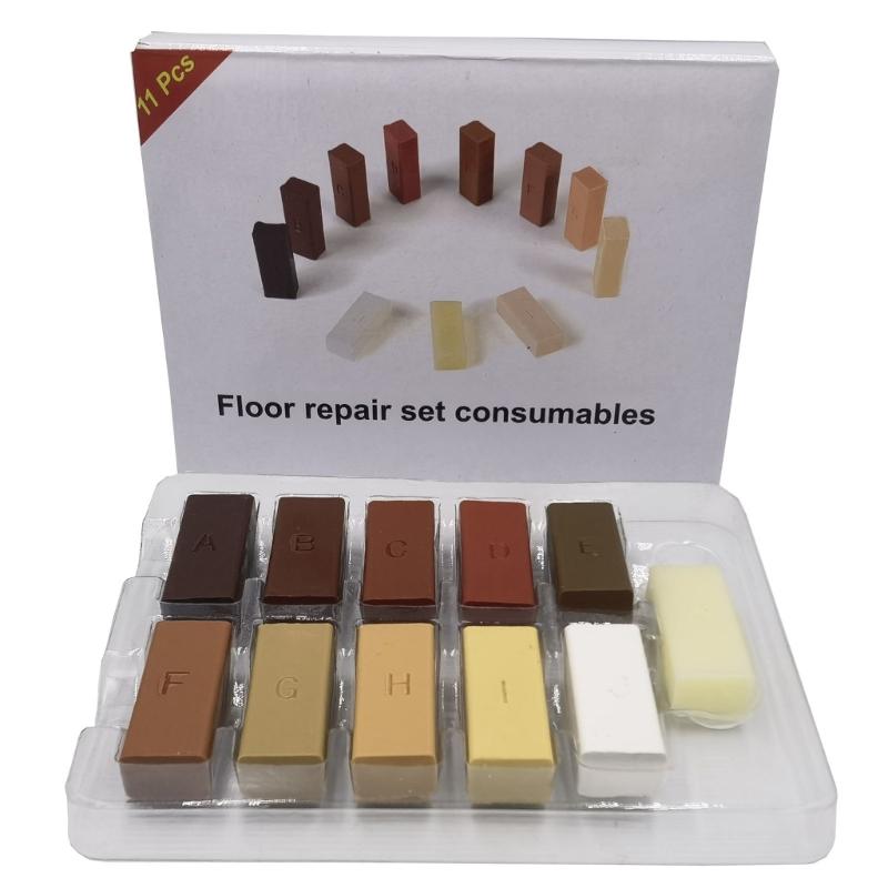 Kit di Riparazione Pavimenti in Legno Fai-da-Te con Blocco di Cera da 11 Colori e Penna Riscaldante Elettrica per Graffi, Crepe, Buchi in Mobili, Piastrelle, Laminato