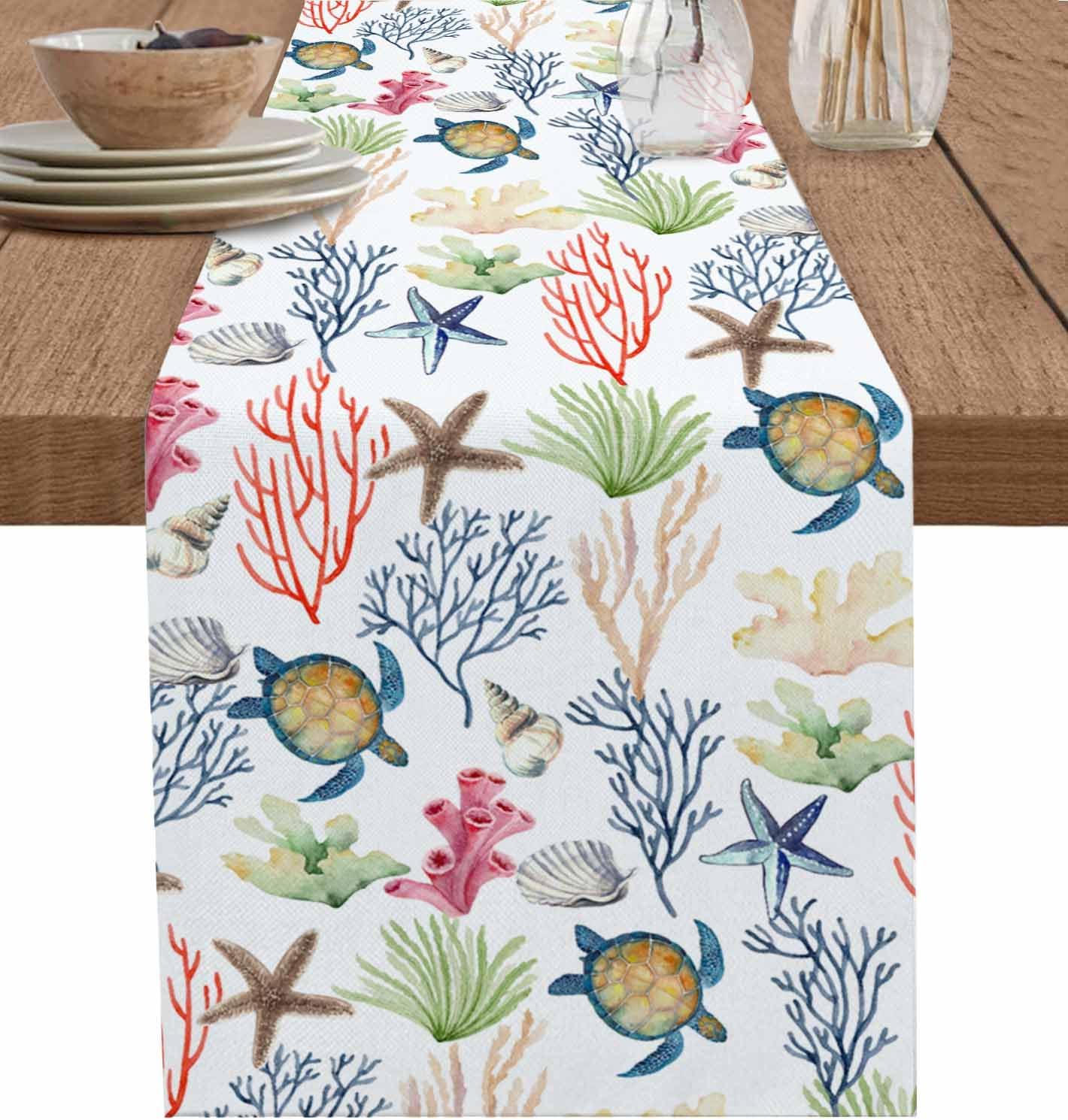 Zomer Koraal Zee Schildpad Zeester Linnen Tafelkleden Commode Sjaal Kust Nautisch Keukentafelkleden Feestdecoratie 150x33cm