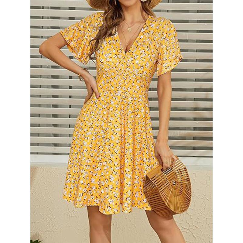 Womens Sundress Summer Floral Short Sleeve Wrap V Neck A-Line Midi Dress