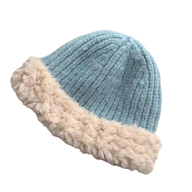 Autumn and winter contrasting color plush knitted hat students sweet and cute thickened antifreeze wool hat warm hat children