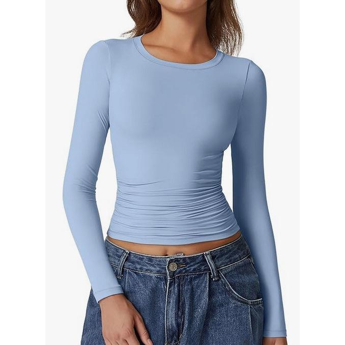 European & American Long Sleeve Round Neck Milk Silk Pullover Tops for Women