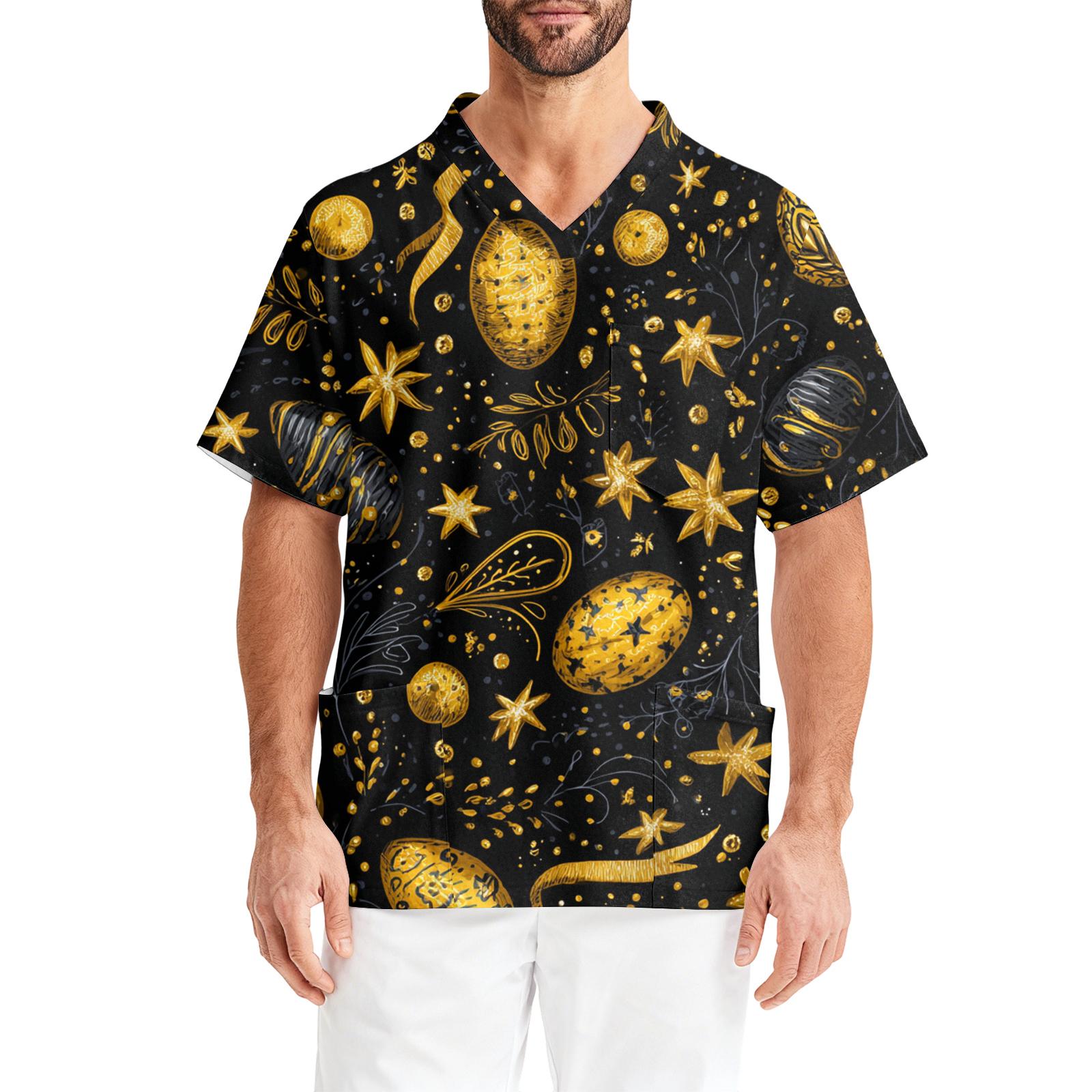 Men s Printing Short Sleeve V-neck Working Blouse Chest Pocket Carer Top L