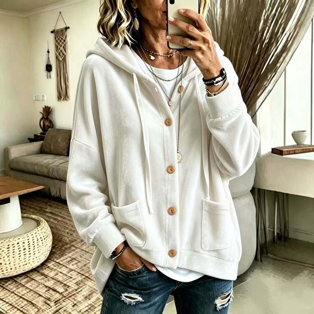 Women Solid Color Button Hooded Velvet Long Sleeve Casual Cardigan Coat