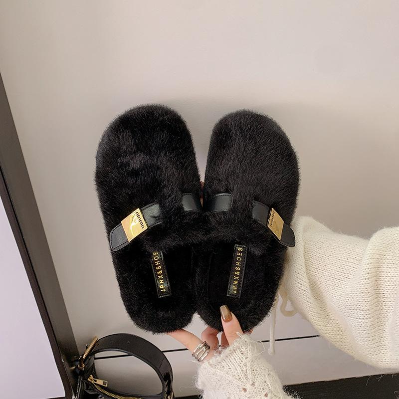 Thick-soled heightening fluffy slippers women's shoes outer wear 2025 new autumn and winter high-end plush cotton slippers