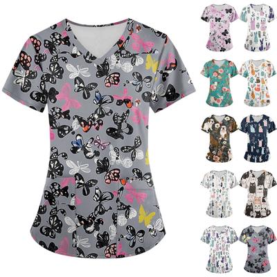 Camisetas de trabajo de talla grande con estampado de uniforme de trabajo para mujer, camisetas divertidas de manga corta con cuello en V cruzado y estampado de Halloween, camisetas de trabajo con bolsillos