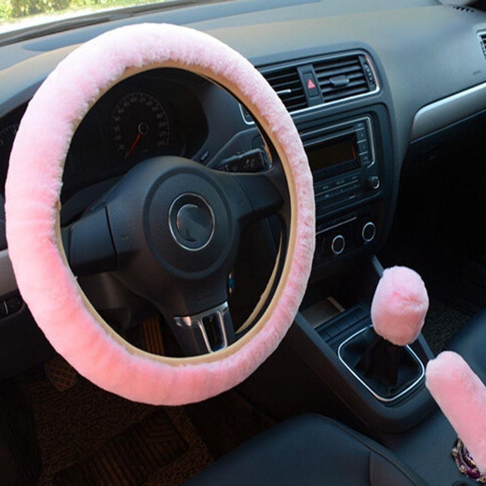 3 Pcs New Plush Car Steering Wheel Cover Warm Soft Car Accessories Winter Thickened Car Handle Cover For 14.5-15 INCH