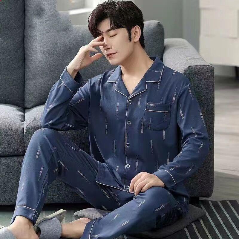Men's 100% Cotton Long-Sleeve Pajama Set, Plus Size, Cardigan Style for Spring, Autumn, and Summer.