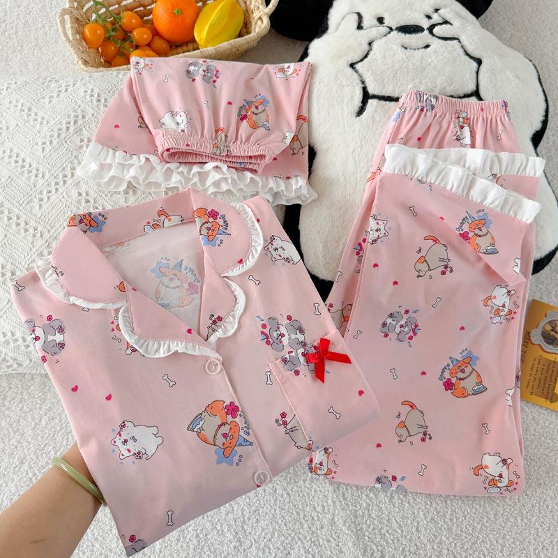 

Сладкий и милый пижамный комплект из трех предметов с короткими рукавами для женщин, летний, повседневный, в стиле щенка, с отделкой под хлопок. 2XL [Recommended 135-75kg]