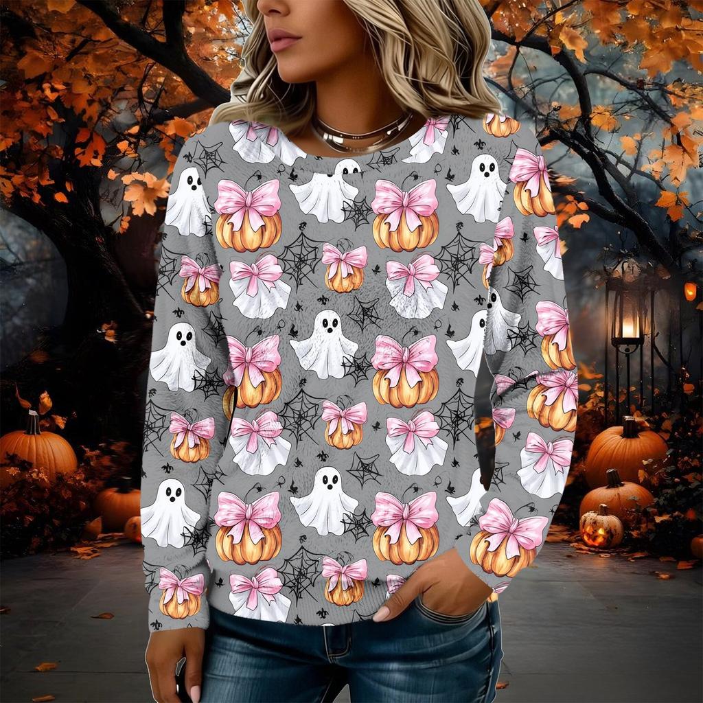 Women's Flannel Long Sleeve Top with Halloween Print Neck Pullover Shirt