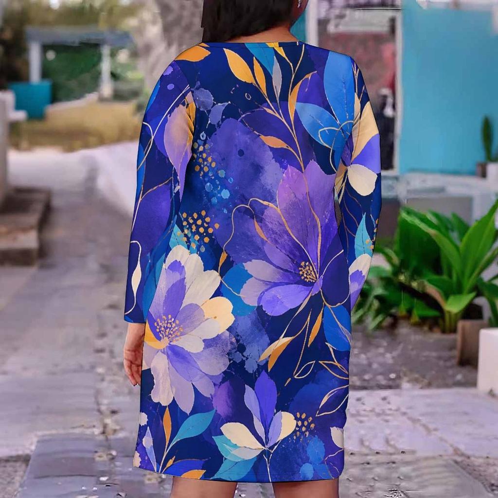 Women Plus Size Floral Printed V Neck Long Sleeve Fitted Midi Dress