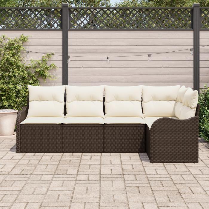 Ensemble de canapés de jardin 5 pièces avec coussins en rotin poly marron, Canapé de jardin 2 places avec rangement 3354367