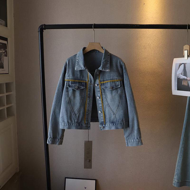 

[Bi Zheng] Корейская джинсовая куртка в стиле пэчворк на раннюю весну 2025 года - Женский свободный универсальный топ One Size светло-синий
