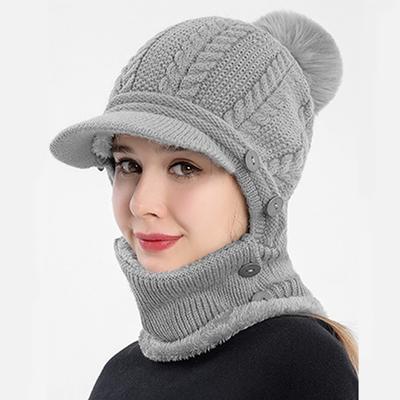 Cachecol de malha para clima frio de inverno com pompom de pele e aba tudo-em-um