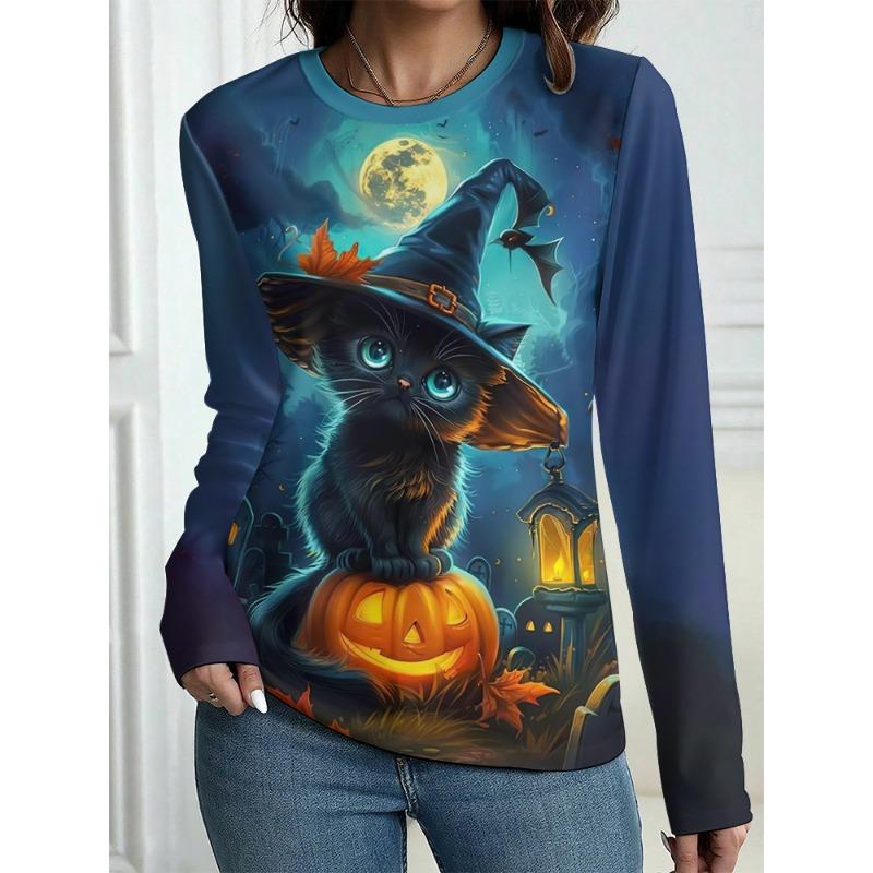 Autumn Long Sleeve Women's T-shirt Fashion Casual Long T-shirt Tops Halloween Spooky Ghost Printing OverSize Women's Clothing