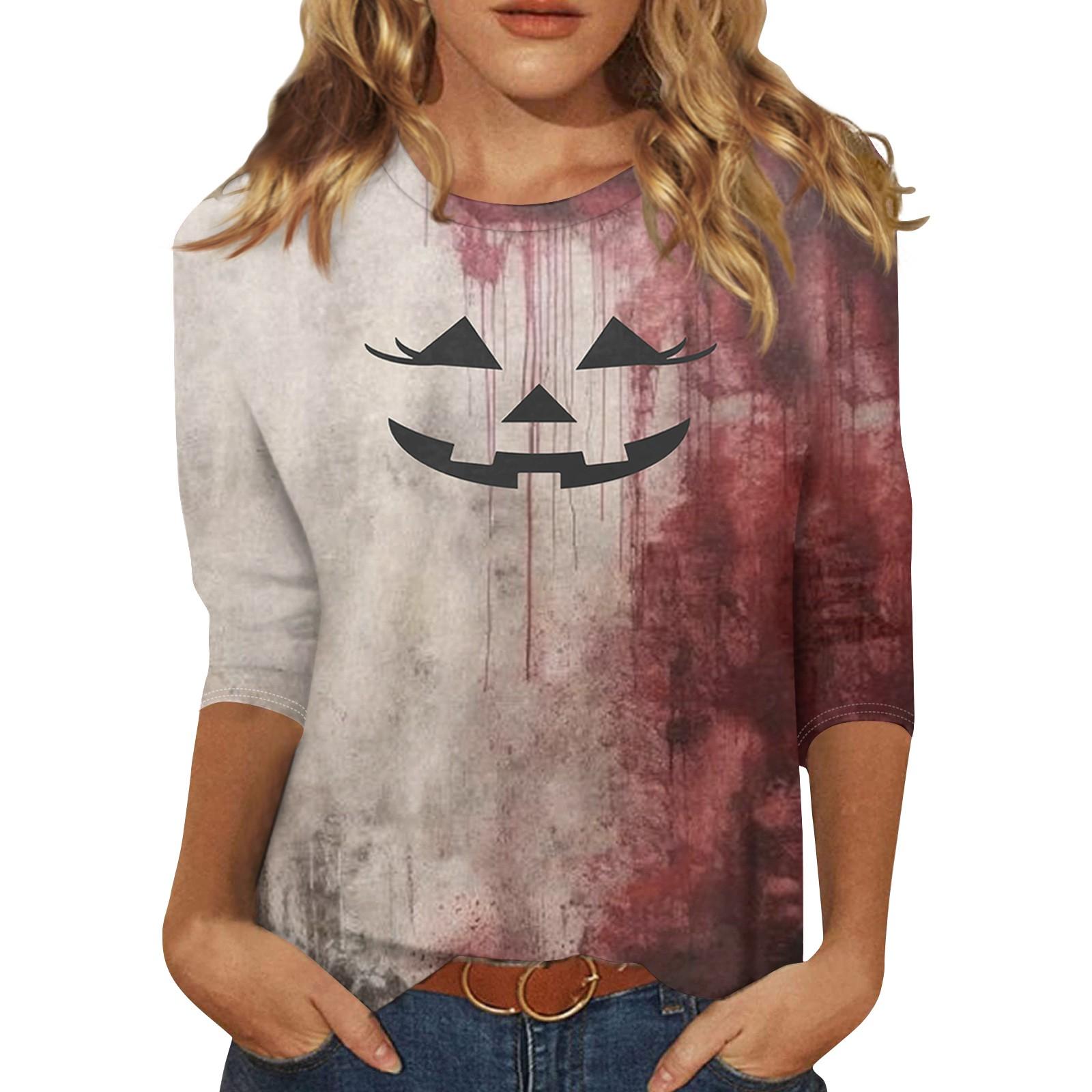 

Женская модная повседневная футболка с круглым вырезом и принтом на Хэллоуин с семью рукавами, топ S верблюд