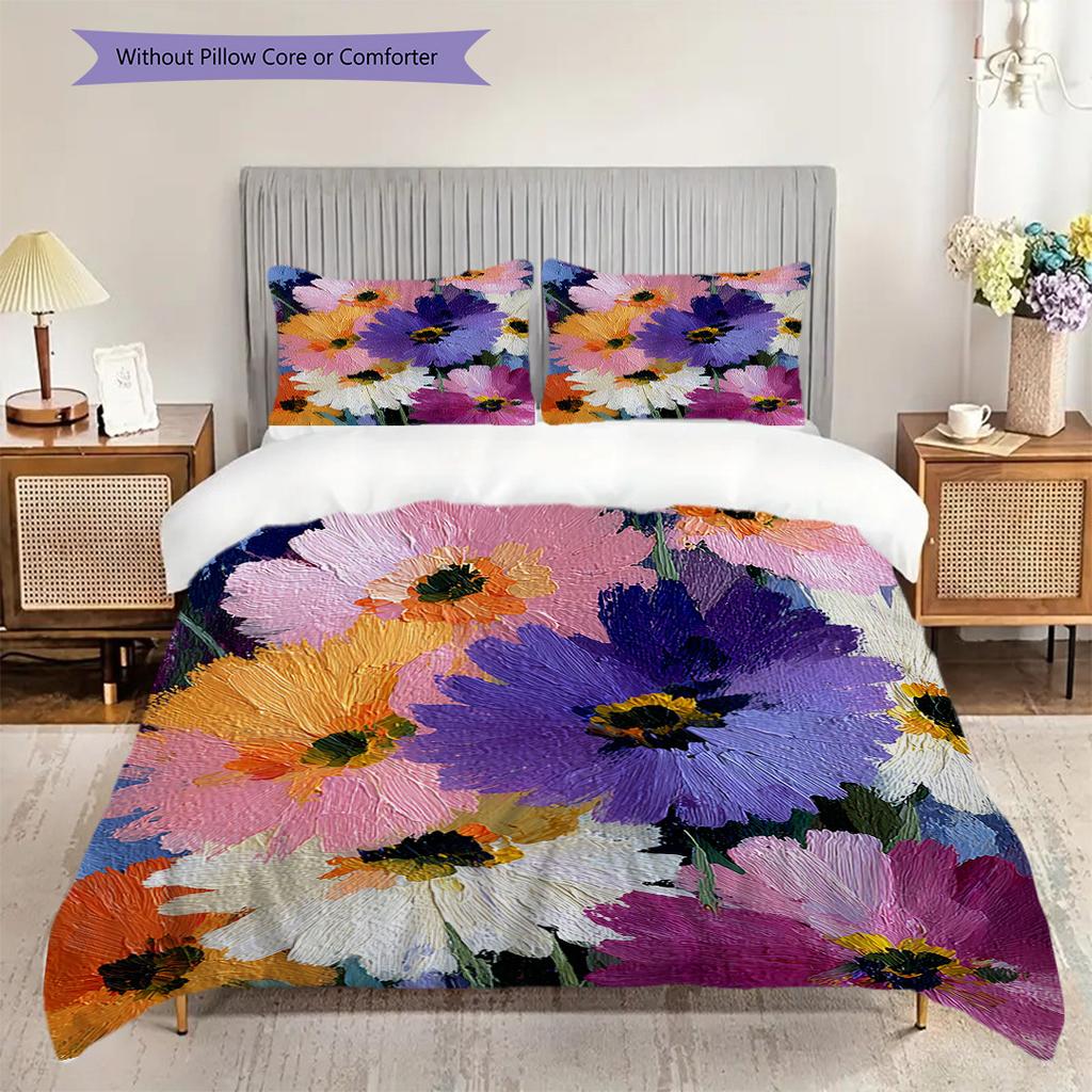 Flower Painting Pattern Bedding Quilt Set Quilt Cover Pillowcase Home Decoration Birthday Gift (1 * duvet cover + 2 * pillowcase, without core)