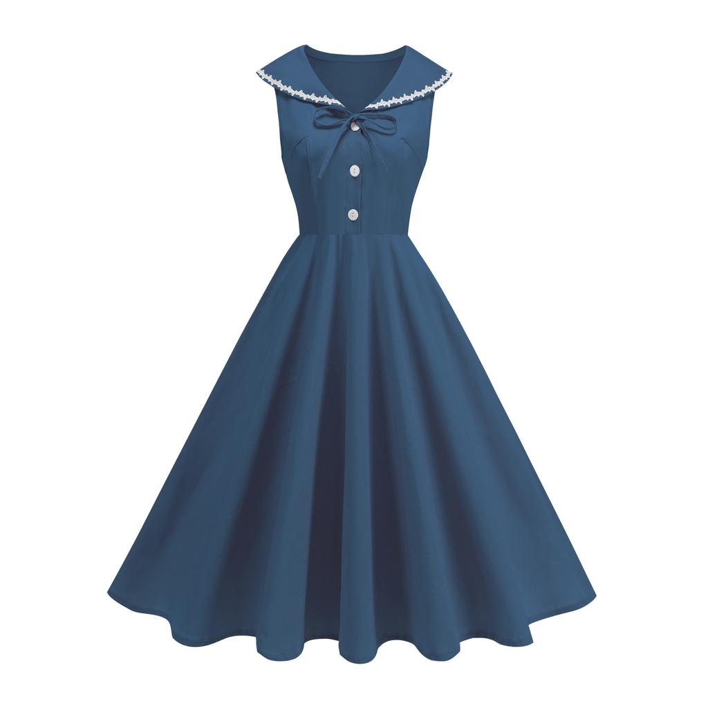 Women's Fashion Party Solid-Color Short-Sleeve Collared Bow Casual Dress For Summer
