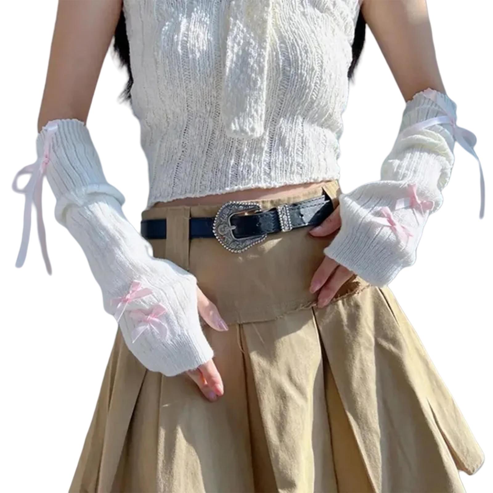 

Мягкие вязаные милые рукава Y2K с бантами для женщин и девочек, варежки с полупальцами, однотонные рукава 3