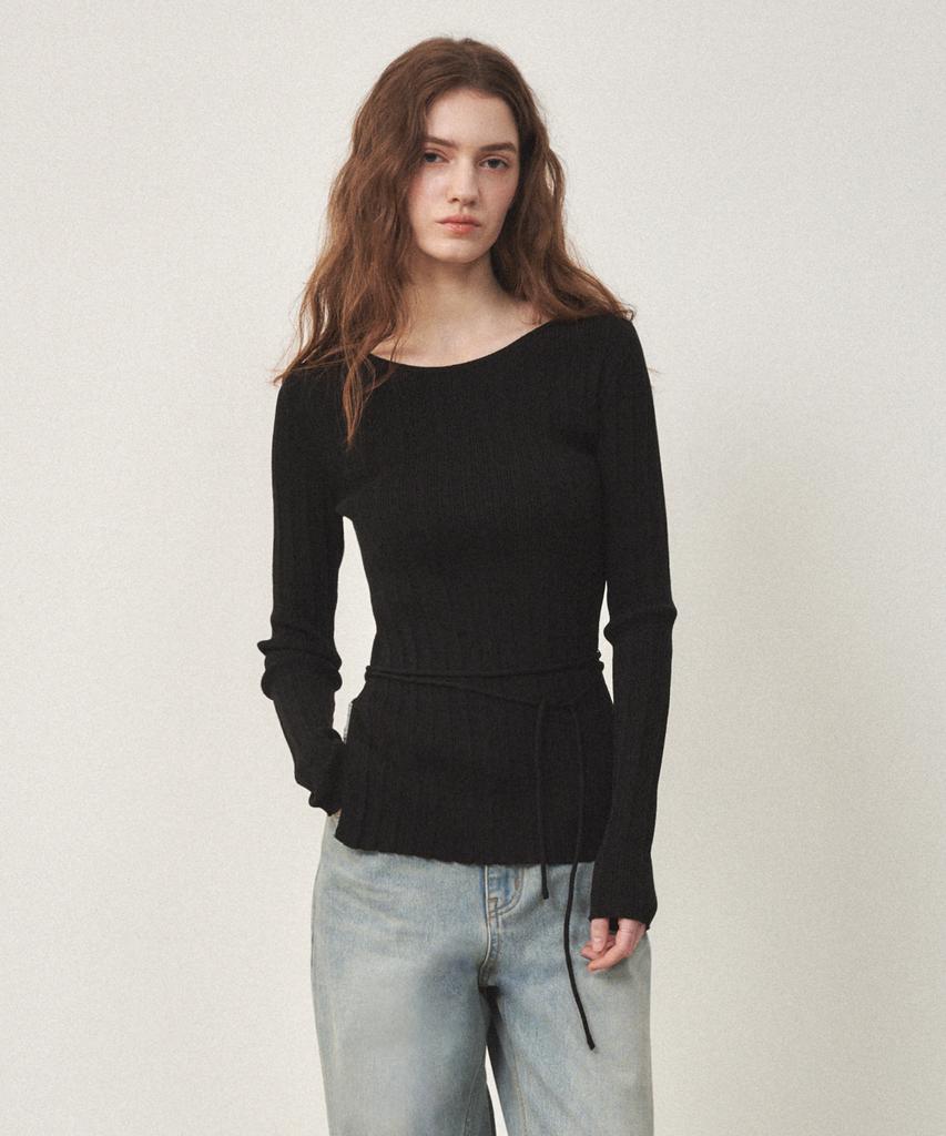 OSTKAKA Cotton Boat Neck Ribbed Pullover Black
