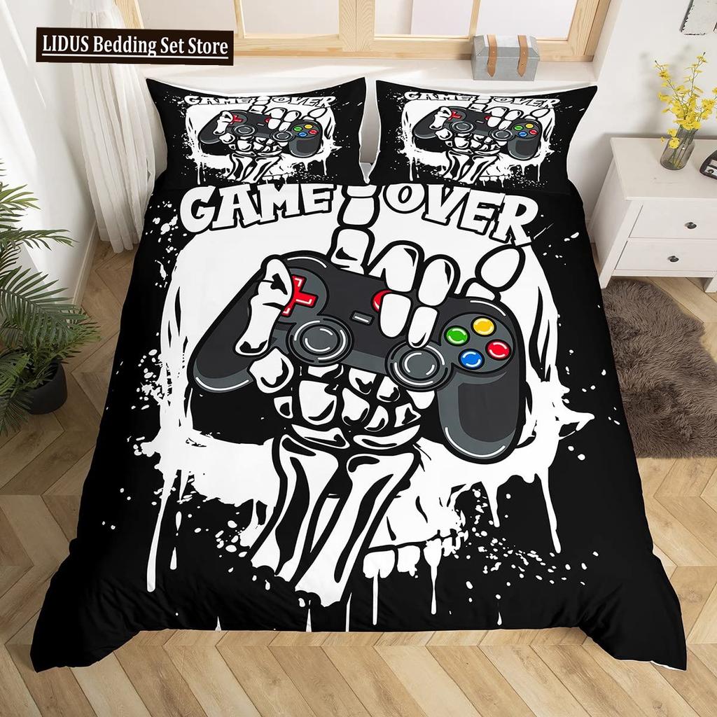 Gamer Duvet Cover Set Rotating Music Comforter Cover Gamepad Gaming Bedding Set For Boys Headphone Bedspreads Cover Queen Size