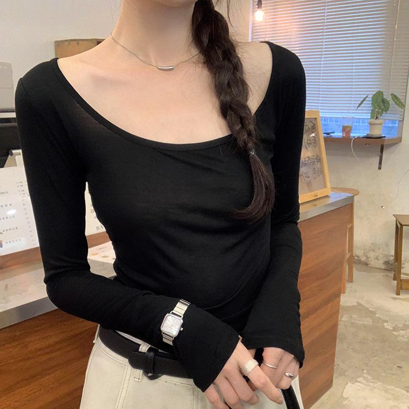 

Temperament большой U-образный вырез тонкий тонкий длинный рукав футболка женская новая осень с основой, чтобы показать тонкий spice girl главный тренд XL