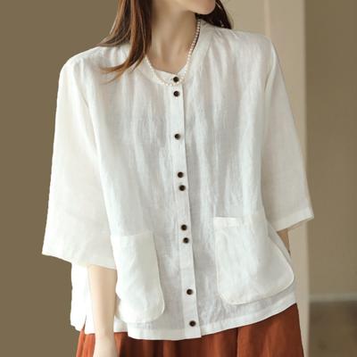 Camisas Mulheres Gola Redonda Algodão Linho Soltas Manga Três Quartos Estilo Chinês Vintage Temperamento Sólido Simples Lazer Verão