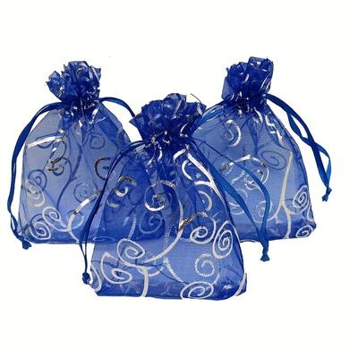 100pcs Navy Blue Sheer Organza Favor Bags For Wedding Baby Shower Rattan Print Gift Bags Samples Display Drawstring Pouches