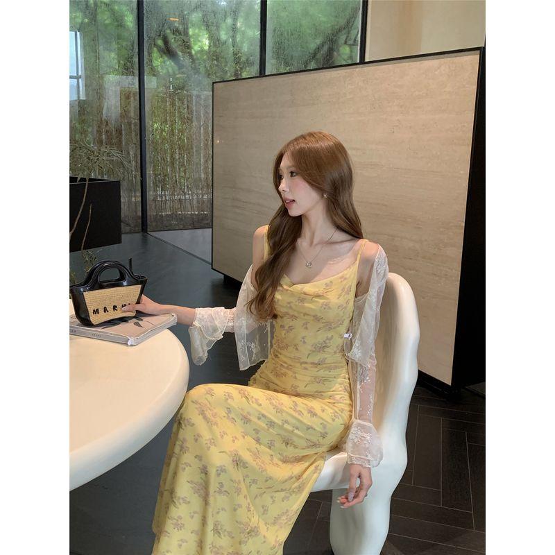 

Kumikumi Sweet Style Thin Lace Cardigan Outwear Women s Fall Yellow Floral Sling Dress Two-piece Set Apricot Lace Cardigan L