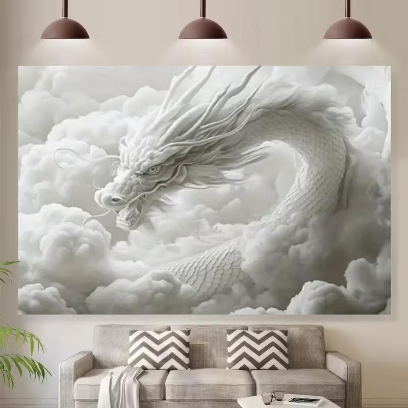 2D Majestätischer Chinesischer Drache Wandteppich Weiße Wolken Mystischer Wandhintergrund
