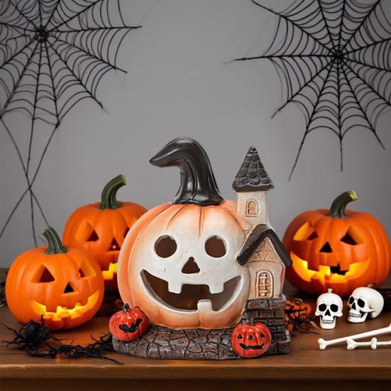 Yousheng Halloween Pumpkin Figurine Spooky Mini Pumpkin Castle Statue Resin Tabletop Ornament for Halloween Porch Mantel Table Decor