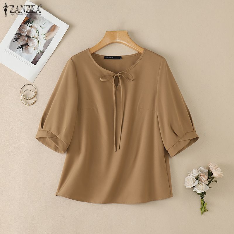 ZANZEA Women Casual Round Neck Solid Color Loose 3/4 Sleeve Blouse