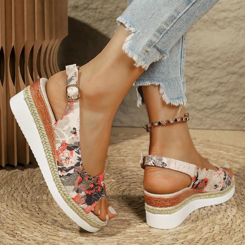 Fashion Fashion Printing Wedge Sandals for Women Summer 2025 Peep Toe Platform Sandles Woman Lightweight Non Slip Beach Sandalias Mujer