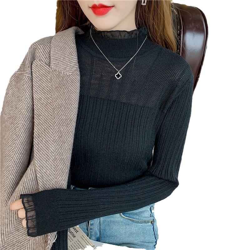 Perspective mesh primer women's spring and autumn high-end fashion temperament fungus edge lace primer women's long-sleeved slim fit
