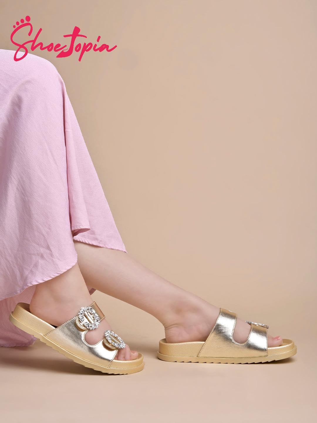 Shoetopia Women S Flat Sandal-6 Kids Uk (Chamkila-Golden)-Eu39 6 UK
