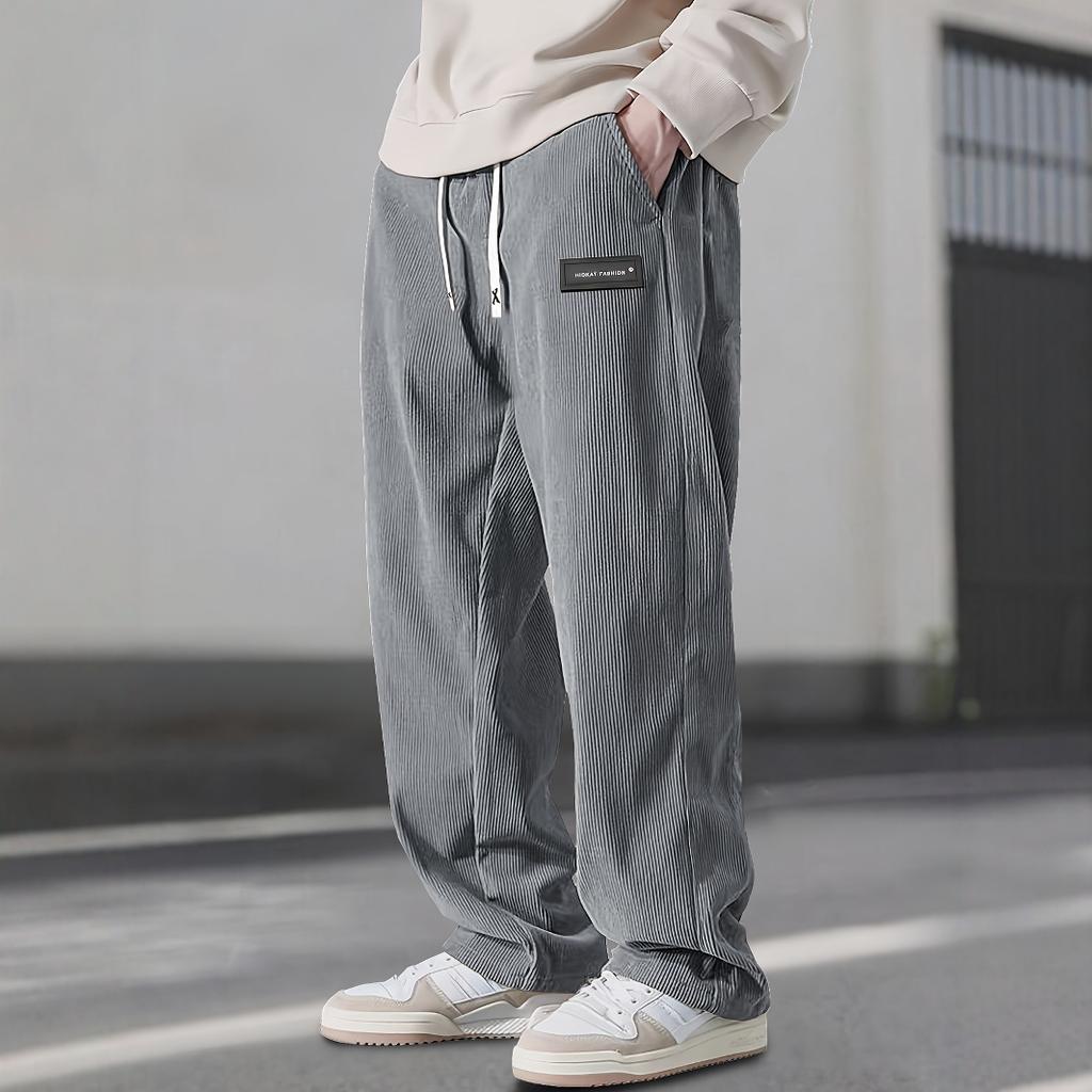 Men'S Corduroy Straight Leg Pants with Drawstring Waist, Pockets, and Logo Design - Stretchy, Casual Fit for Everyday Wear, Spri