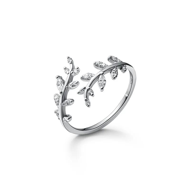 925 Silver Leaves Ring Exquisite Zircon Stone Ring for Women Girls Adjustable Wedding Ring серебряный