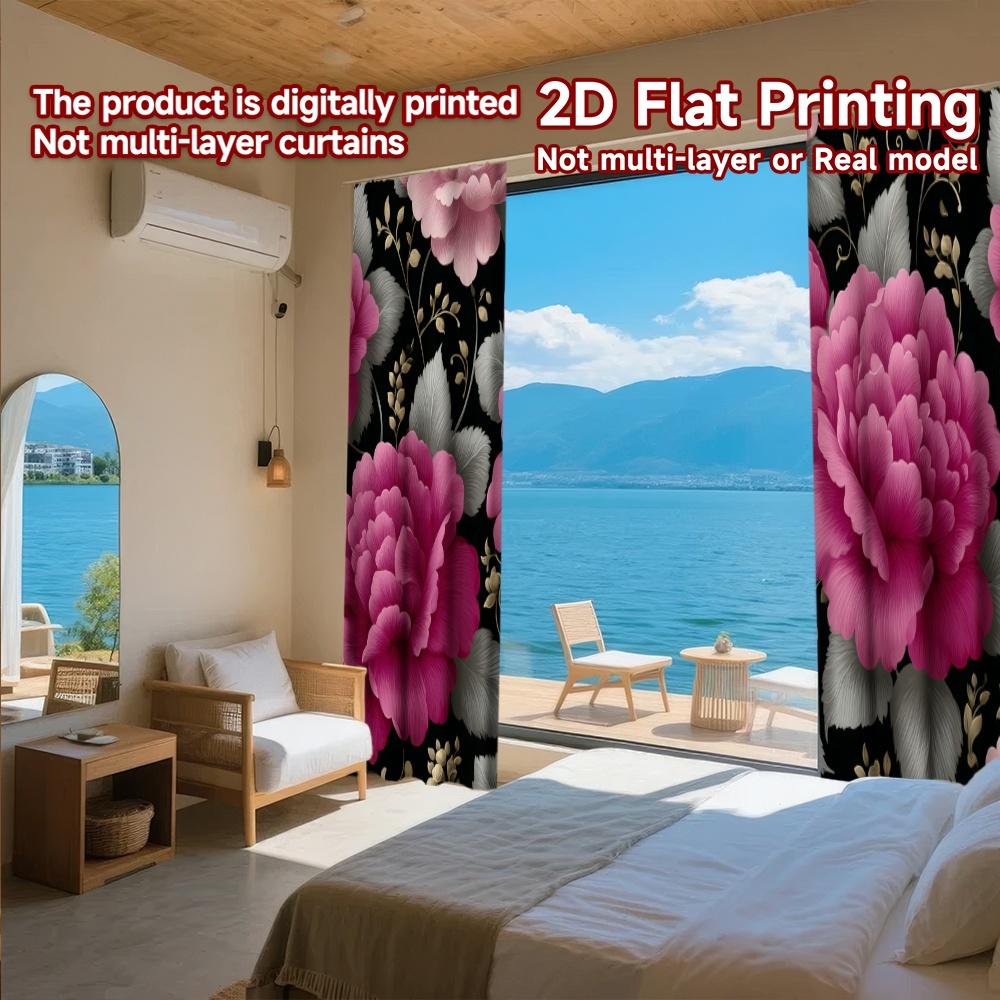 Set Of 2 Flat Printing Curtains Without Rod Floral Elegance Black Holiday Valentine Is Day Printed Versatile Fabric Curtain Polyester