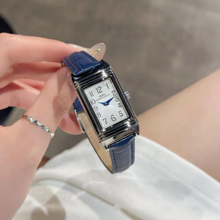 Elegant Women Rectangular Quartz Watch Retro Sunburst Dial Genuine Leather Strap Office Wristwatch синий/белый