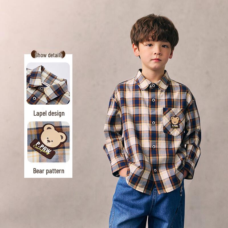 PawinPaw Boys' Cartoon Bear Plaid Lapel Shirt