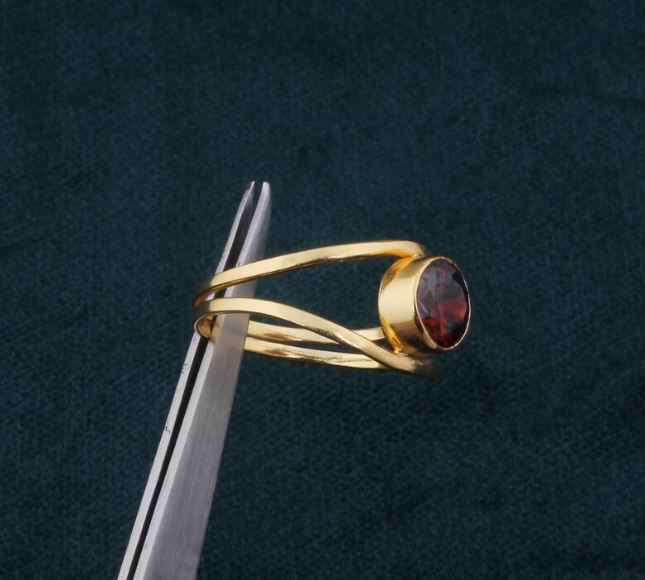 Red Garnet Double Band 22kt Gold Plated Brass Ring For Men Women, Handmade Round Gemstone Gold Ring Gifts Idea Wedding Anniversary Birthday