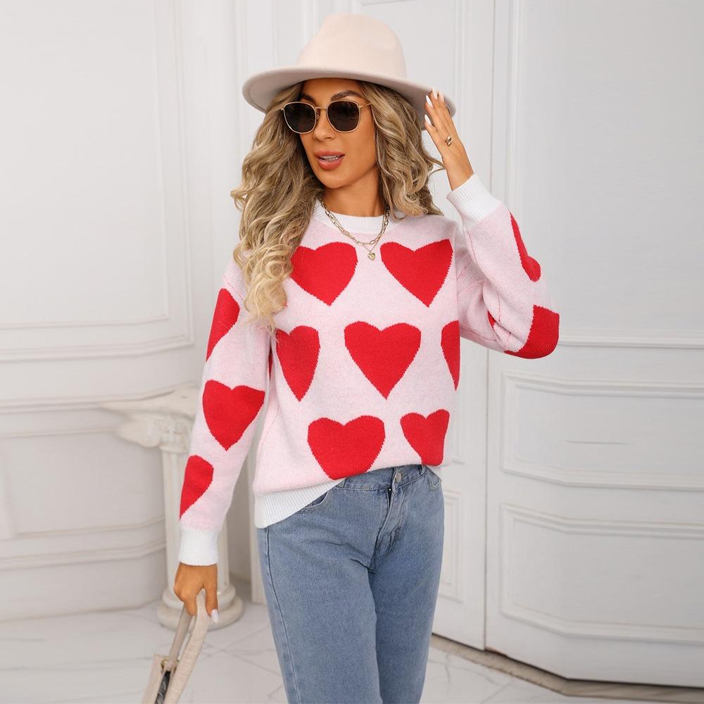 New Spring Large-sized Peach Mood Festival Round-neck Heart-shaped Sweater for Women