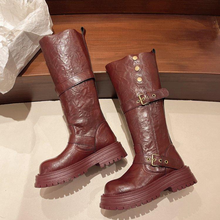 Retro British Style Thick Heel Platform Boots Women's 2025 Autumn and Winter New But Knee Heightening Knight Boots