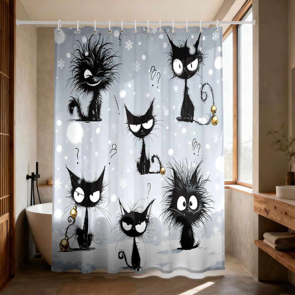 1pc Cute Cartoon Cat Print Waterproof Shower Curtain Hanging Curtain 12 Hooks Multi Size Decoration Machine Washable
