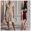 Women Fashion Cross V Neck Waisted Solid Short Sleeve Midi Dress